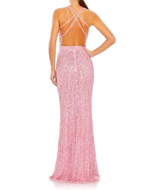 Mac Duggal Pink Sequin Strappy Back A-line Gown