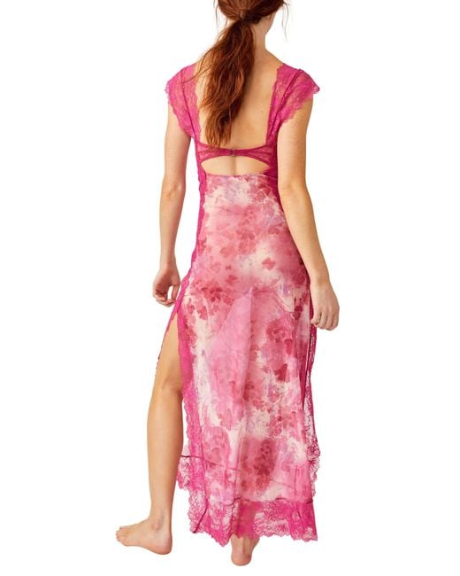 Free People Pink Suddenly Fine Floral Print Cutout Lace Trim Nightgown