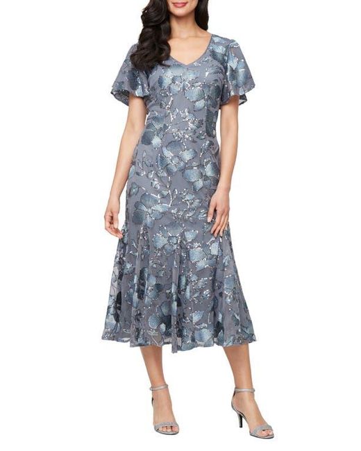 Alex Evenings Blue Sequin Embroidered Floral Cocktail Dress