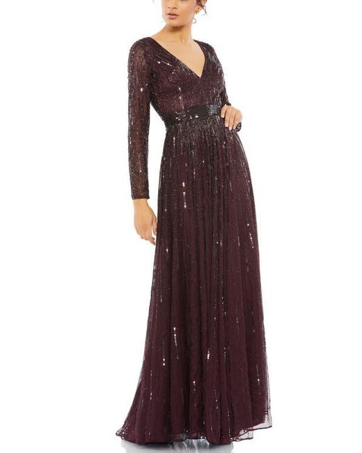 Mac Duggal Purple Sequined Long Sleeve Plunging V-Neck Gown