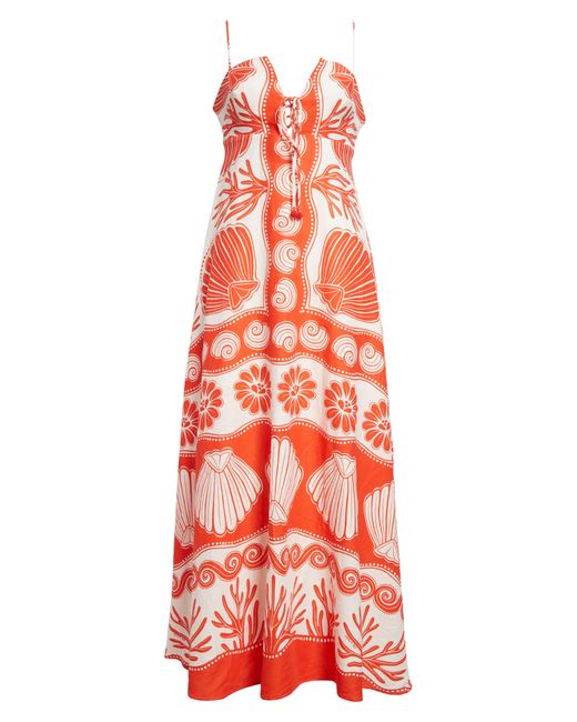Farm Rio Red Ainika Shell Print Linen Blend Maxi Dress