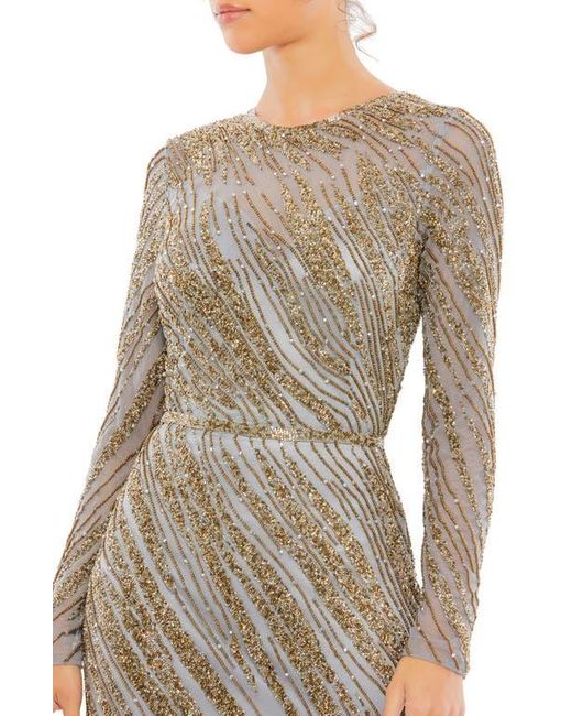 Mac Duggal Natural Long Sleeve Beaded Column Gown