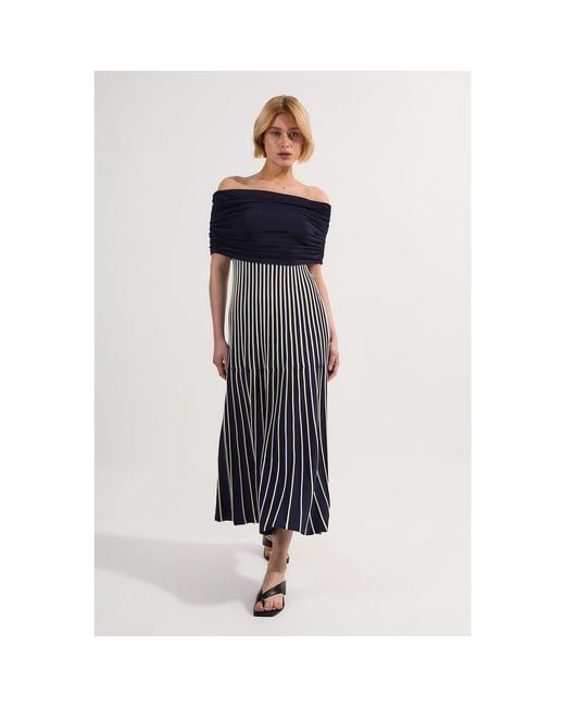 Karen Millen Blue Striped Bardot Knitted Maxi Dress
