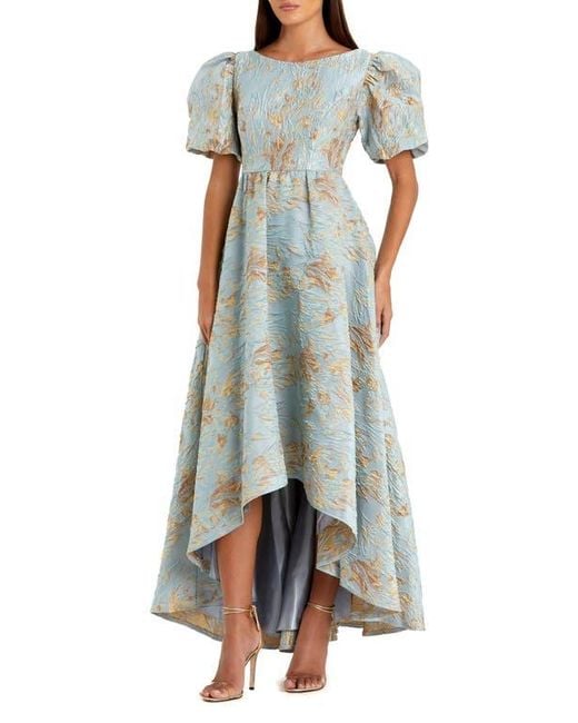 Mac Duggal Blue Brocade High-Low Gown With Puff Sleeves