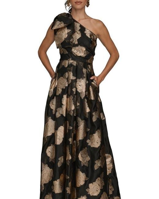 Donna Karan Black One-Shoulder Metallic Jacquard Gown