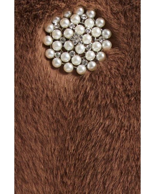 Cinq À Sept Brown Faux Pearl & Crystal Detail Faux Fur Coat