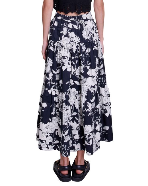 Maje Blue Tiered Floral Cotton Maxi Skirt