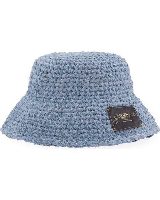 Ganni Blue Hand-Knit Denim Bucket Hat