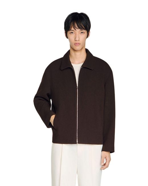 Sandro Black Waffled Regular Collar Zip Jacket for men