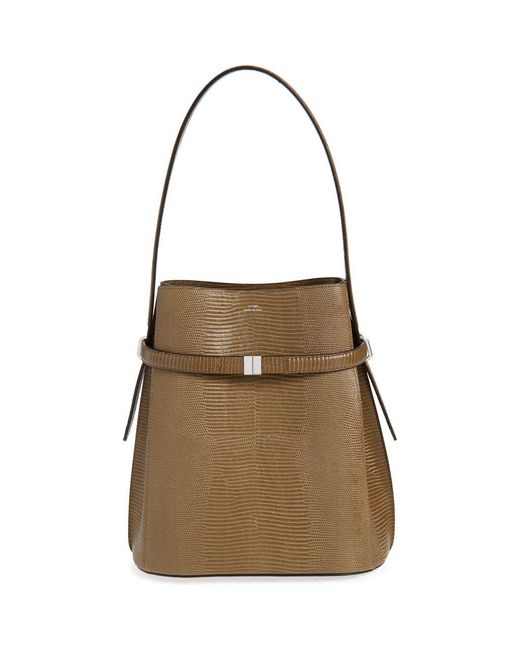 Totême  Brown Belted Lizard Embossed Leather Bucket Shoulder Bag