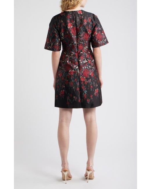 metallic floral jacquard fit & flare dress Metallic Floral Jacquard Ruffle Midi Dress In Pink Multi