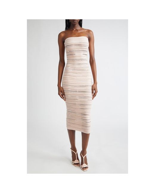 Balmain Natural Textured Stripe Strapless Knit Body-Con Dress