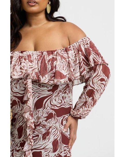 FASHION-SZN CURVE Brown Curve Ruffle Bardot Midaxi Dress