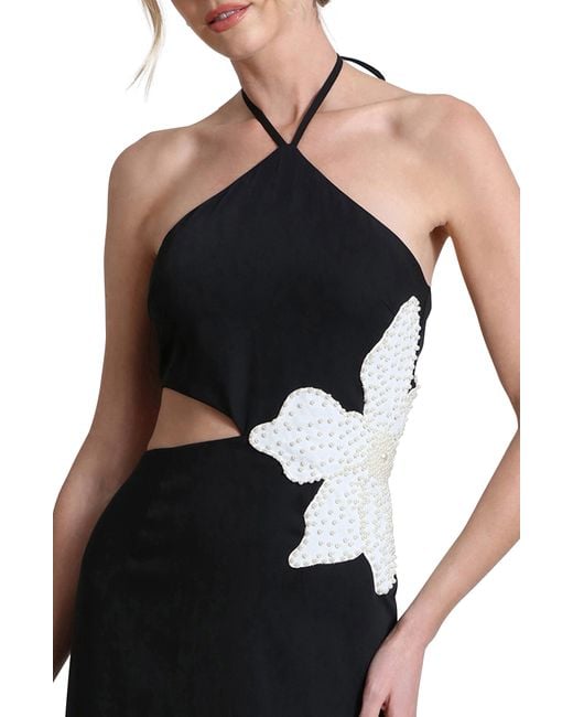 Avec Les Filles Black Floral Appliqué Cutout Halter Midi Dress