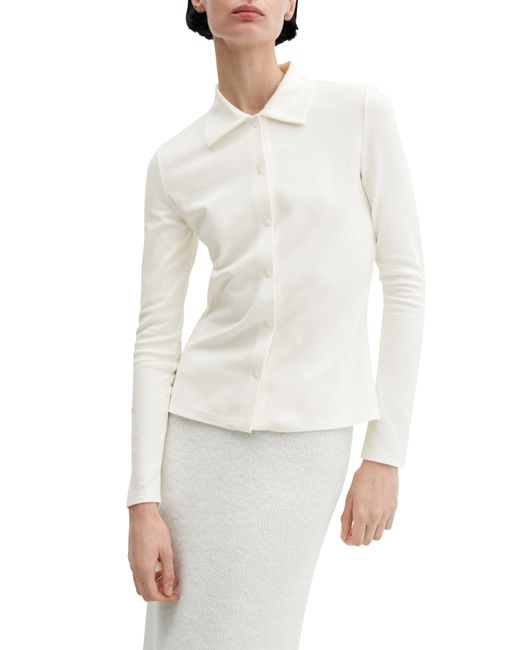 Mango White Knit Cotton Blend Button-up Shirt