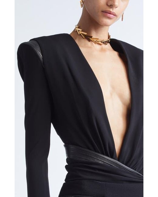 Versace Blue Long Sleeve Jersey Faux Wrap Bodysuit