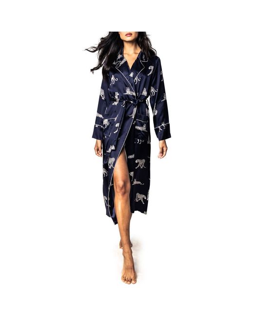 Petite Plume Blue Panthre De Nuit Piped Silk Robe