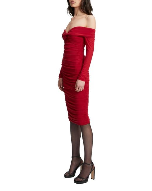 Bardot Red Helena Ruched Off The Shoulder Long Sleeve Mesh Dress