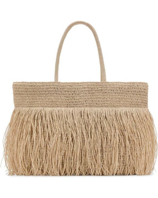Mango Metallic Natural Fiber Shoulder Bag With Fringe