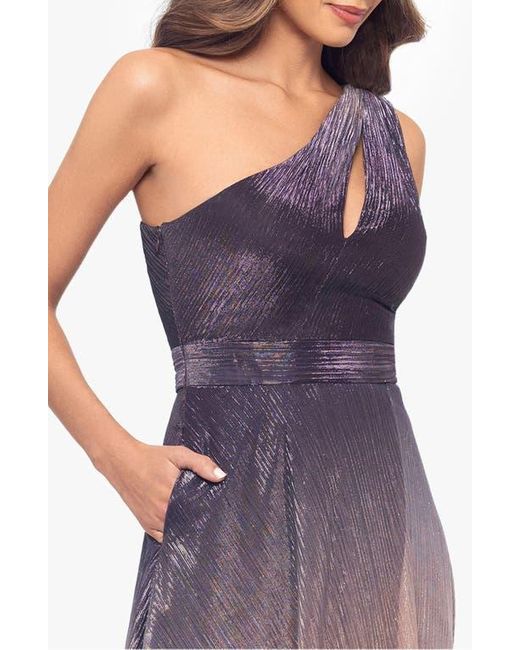 Betsy & Adam Purple One-Shoulder Metallic Crinkle Ombré Gown