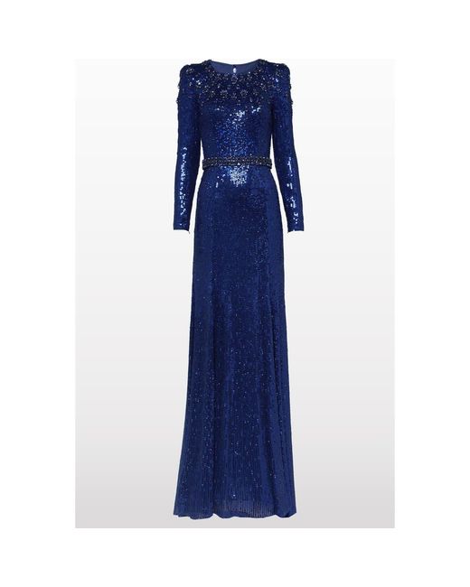 Jenny Packham Blue Georgia Sequined Long-Sleeve Gown