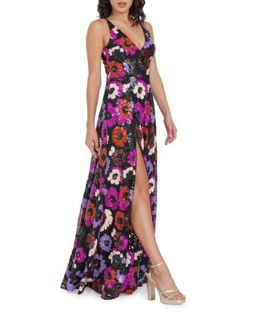 Dress the Population Purple Alyssa Sequin Floral Sleeveless Gown
