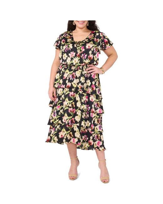 Vince Camuto Brown Floral Tiered Midi Dress