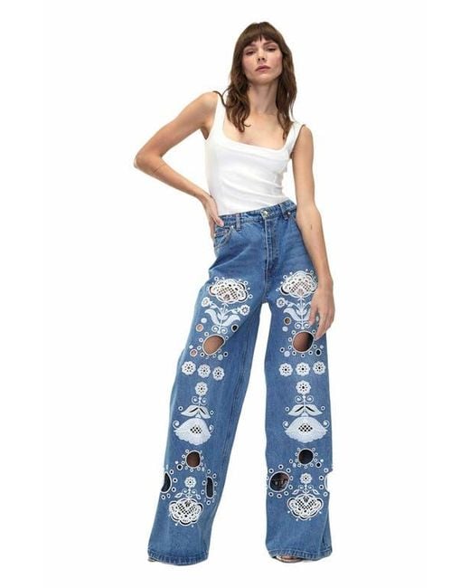 Cynthia Rowley Blue Embroidered Wide-Leg Jean