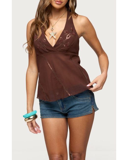 Edikted Blue Beaded Sequin Halter Chiffon Top
