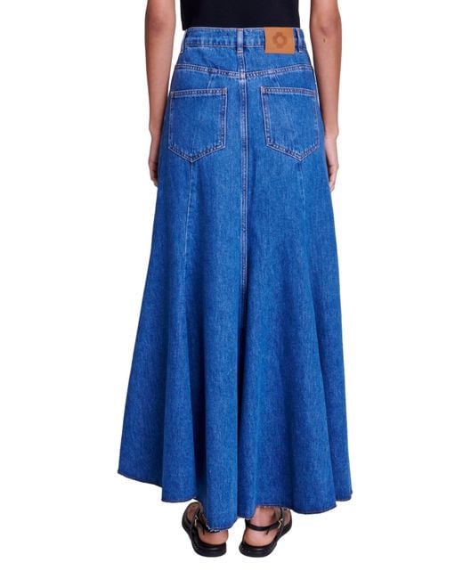 Maje Blue Jondulys Layered Denim Maxi Skirt