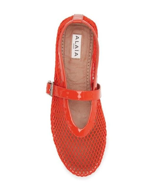 Alaïa Red Orange Fishnet Mary Jane Flats