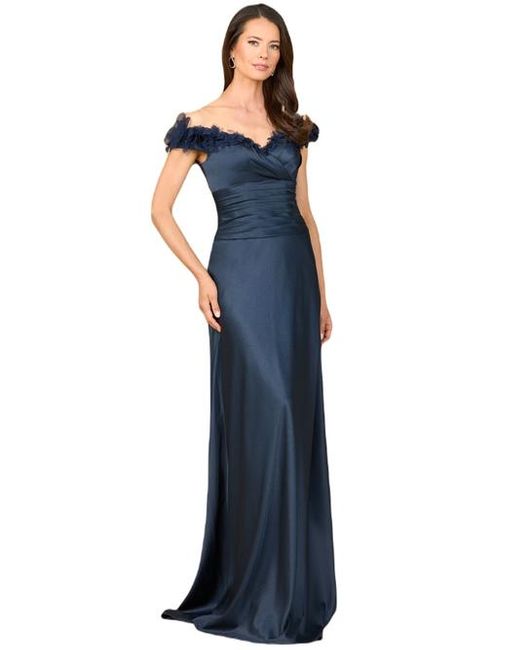 LARA New York Blue Off Shoulder Satin Gown