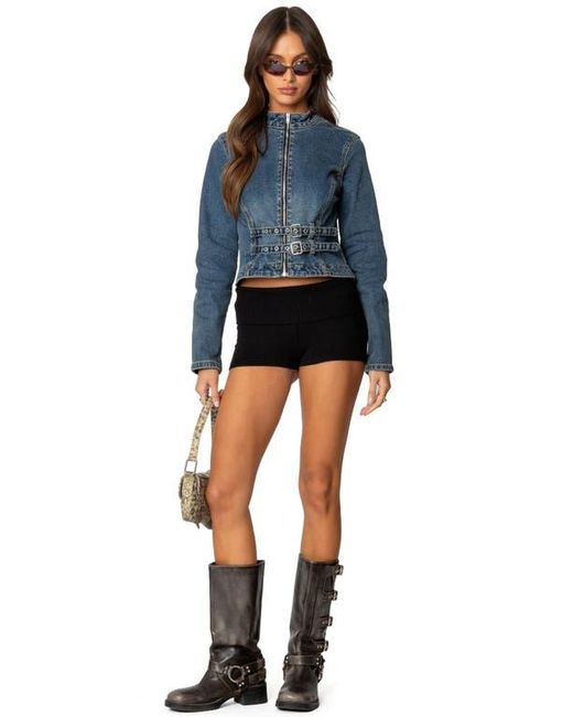 Edikted Blue Double Buckle Strap Denim Jacket