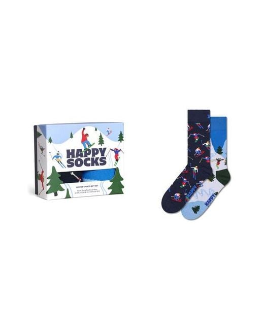 Happy Socks Blue Winter Sports Assorted 2-Pack Cotton Blend Crew Socks Gift Box for men