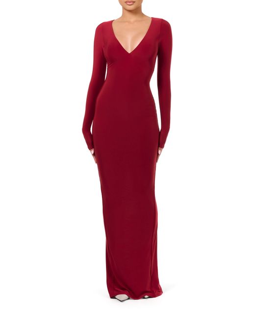 Naked Wardrobe Red Hourglass V-neck Long Sleeve Column Dress