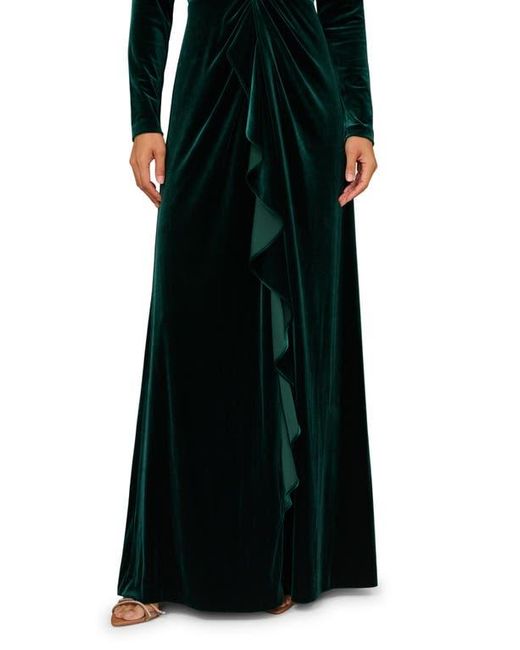 Aidan Mattox by Adrianna Papell Black Twisted Ruffle Long Sleeve Stretch Velvet Gown