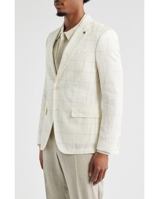 Boss White Hutson Slim Fit Windowpane Check Linen Blend Sport Coat for men