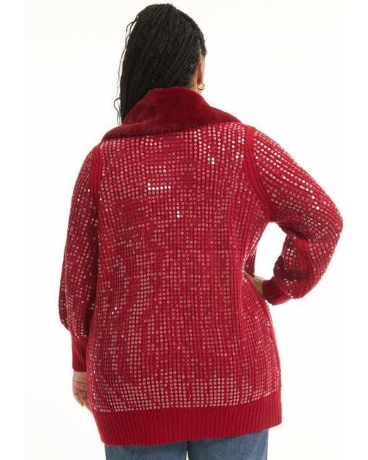 June + Vie Red Sequin Button-Up Sweater