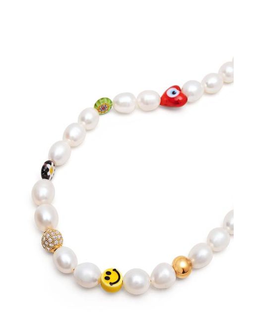 Nialaya White Smiley Face Pearl Necklace for men