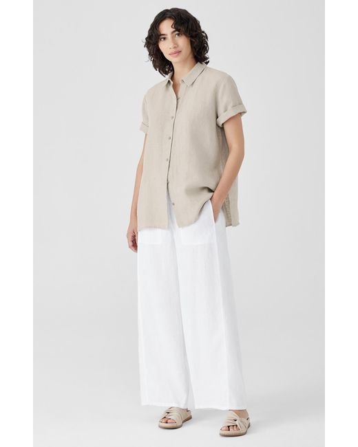Eileen Fisher Natural Classic Short Sleeve Organic Linen Button-up Shirt