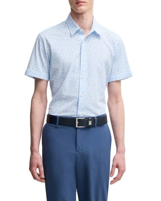 Boss Blue Roan Floral Short Sleeve Stretch Button-Up Shirt for men
