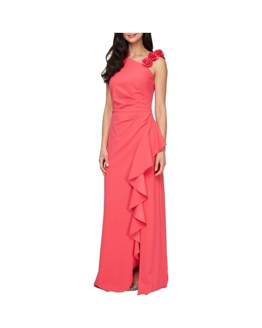 Alex Evenings Pink Floral Strap Ruffle Detail Stretch Crepe Gown