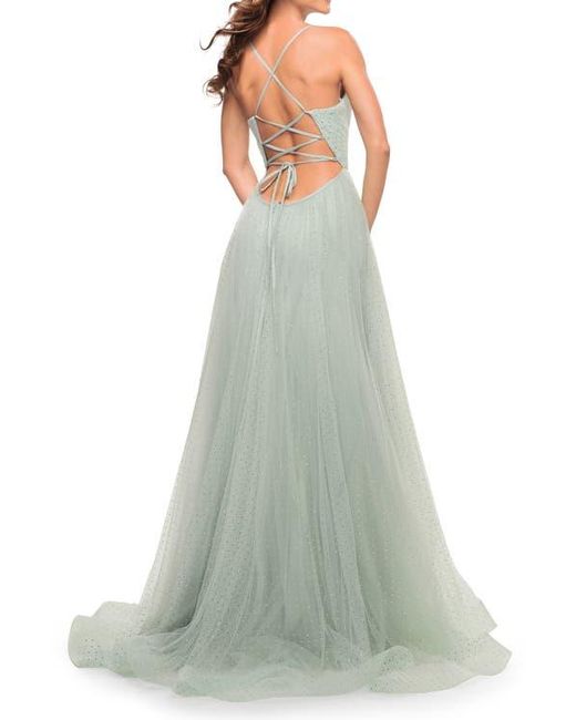 La Femme Green Rhinestone Tulle Ballgown With Slit And Lace Up Back