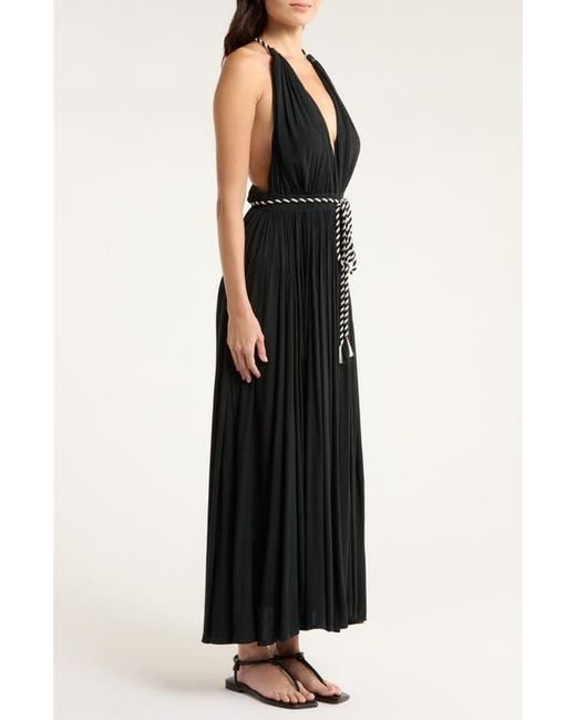 Elan Black Plunge Tie Belt Maxi Cover-Up Dress