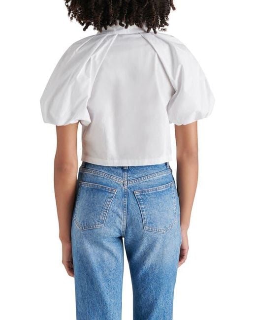 Steve Madden Blue Reece Puff Sleeve Crop Poplin Shirt