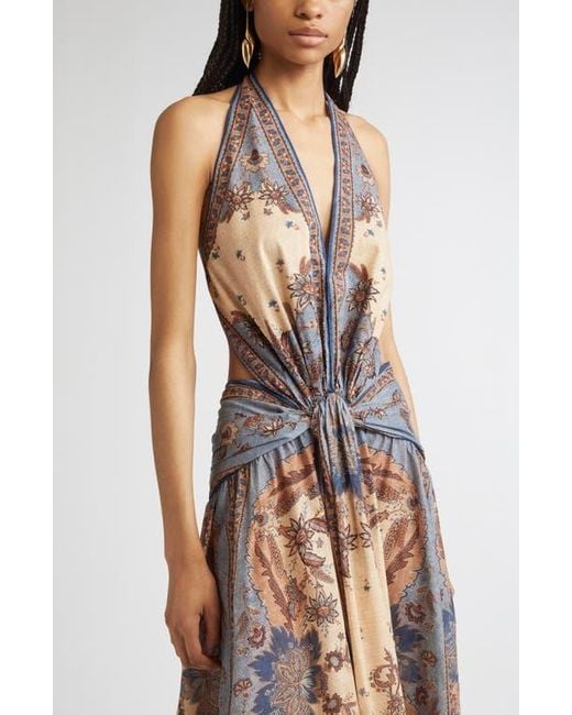 Zimmermann Brown Ascension Paisley Floral Halter Neck Maxi Dress