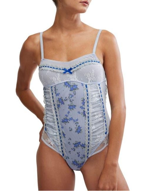 Free People Blue Sara Floral Print Lace Corset Bodysuit