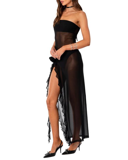 Edikted Black Suri Ruffle Sheer Mesh Strapless Maxi Dress