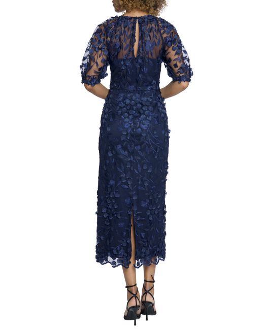 Maggy London Blue Floral Appliqué Illusion Midi Cocktail Dress