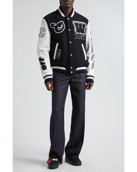Off-White c/o Virgil Abloh Black Leather & Virgin Wool Blend Varsity Jacket for men